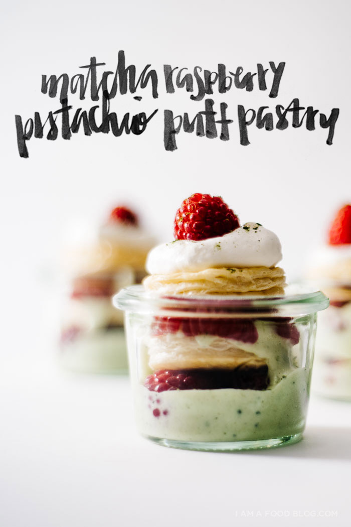mini pistachio matcha raspberry puff pastry mille feuille jars - www.iamafoodblog.com