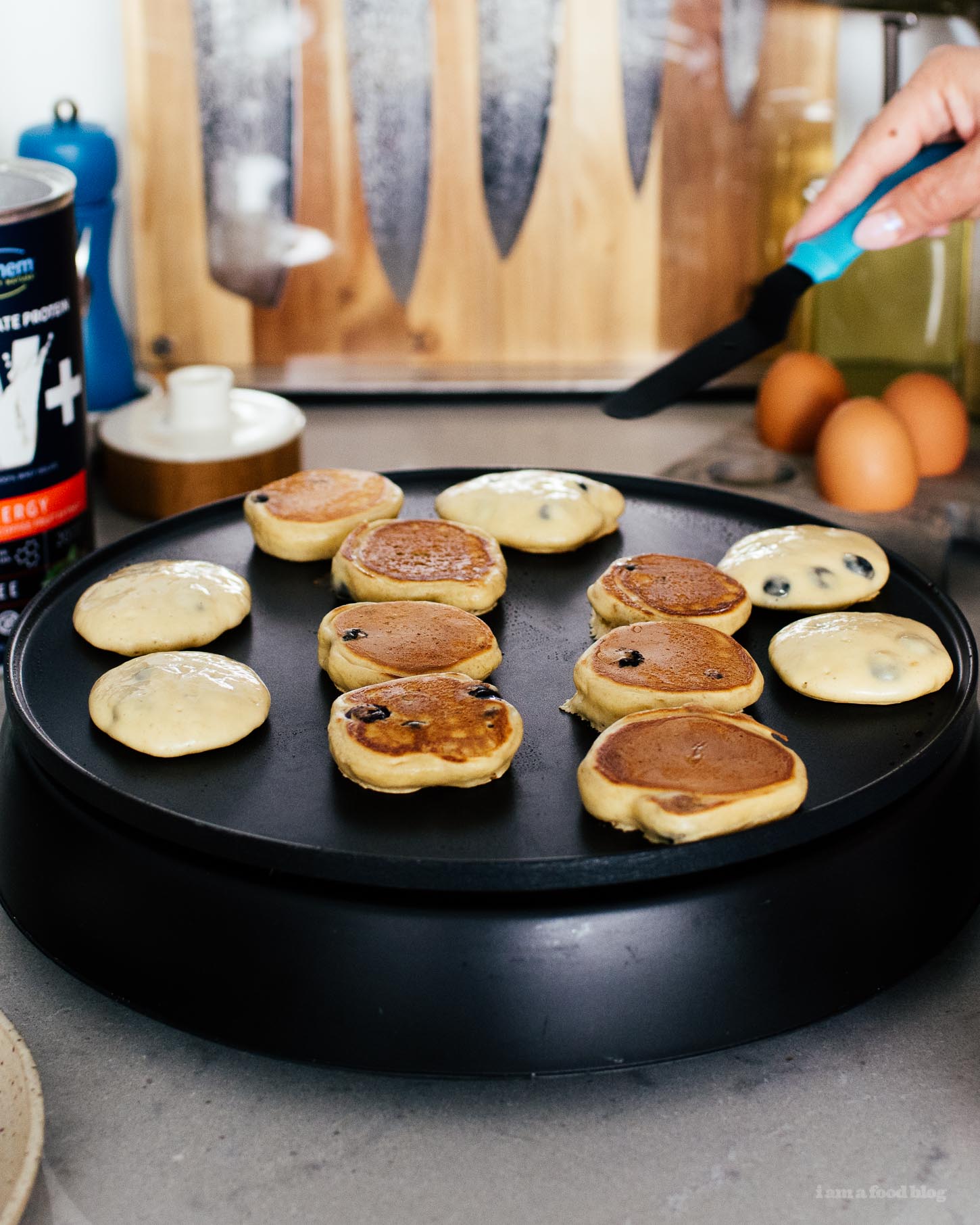 Protein Packed Mini Blueberry Espresso Pancakes | www.iamafoodblog.com
