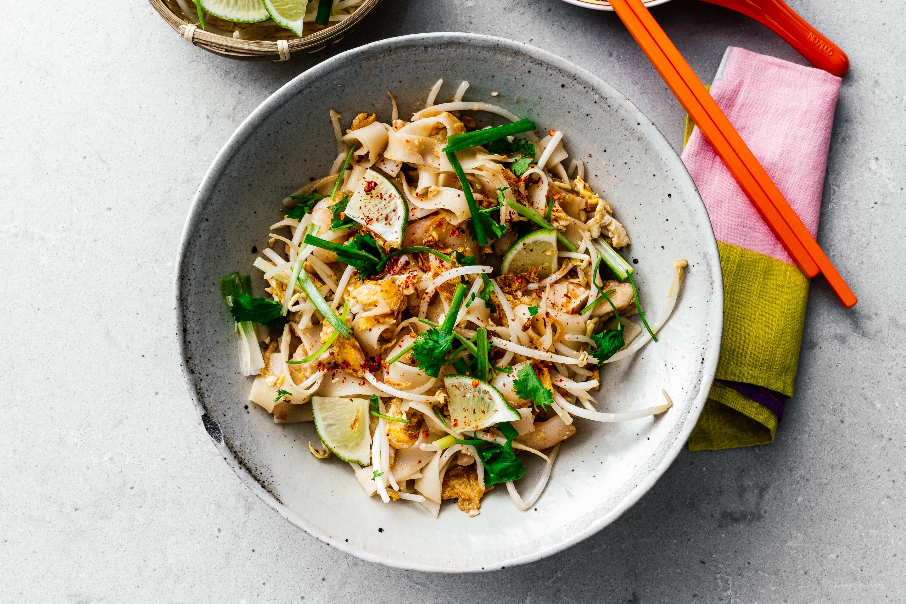 Do better than take home a Peanut Free Chicken and Shrimp Pad Thai.  Sweet, salty, salty – pad thai is universally loved and for good reason.  Forget about delivery and customize your Pad Thai however you like - this one was peanut free because life is lived without peanuts here.  Instead, there are butter-roasted cashews for that nutty crunch.  #padthai #recipes #dinner #noodles #padthairecipe #thairerecipes