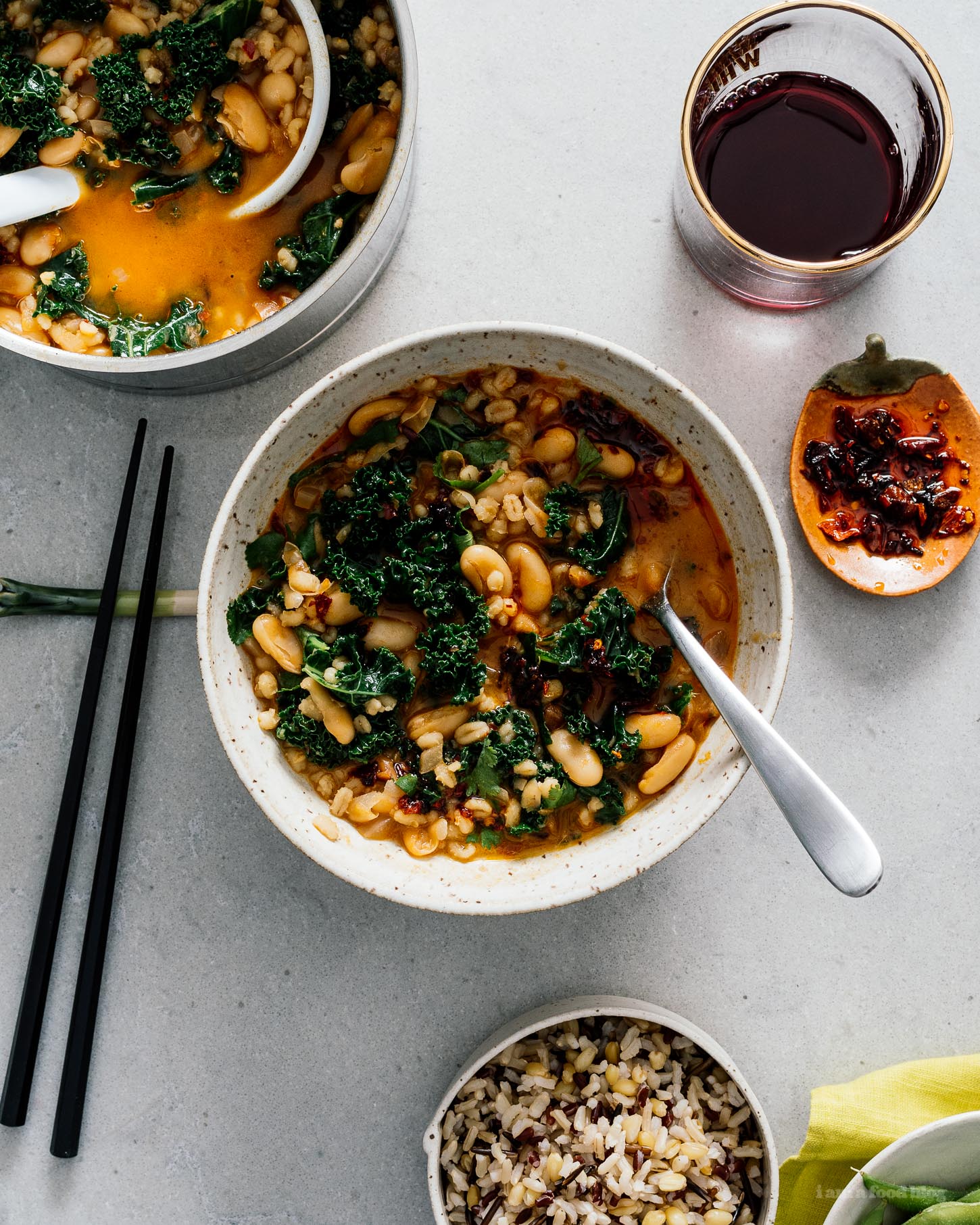 Spicy Chili Crisp White Bean and Barley Stew with Kale and Eggs | www.iamafoodblog.com