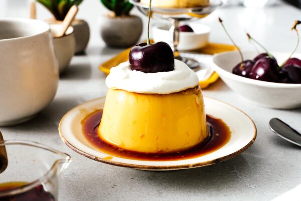 Purin served with whipped cream and cherry | www.iamafoodblog.com